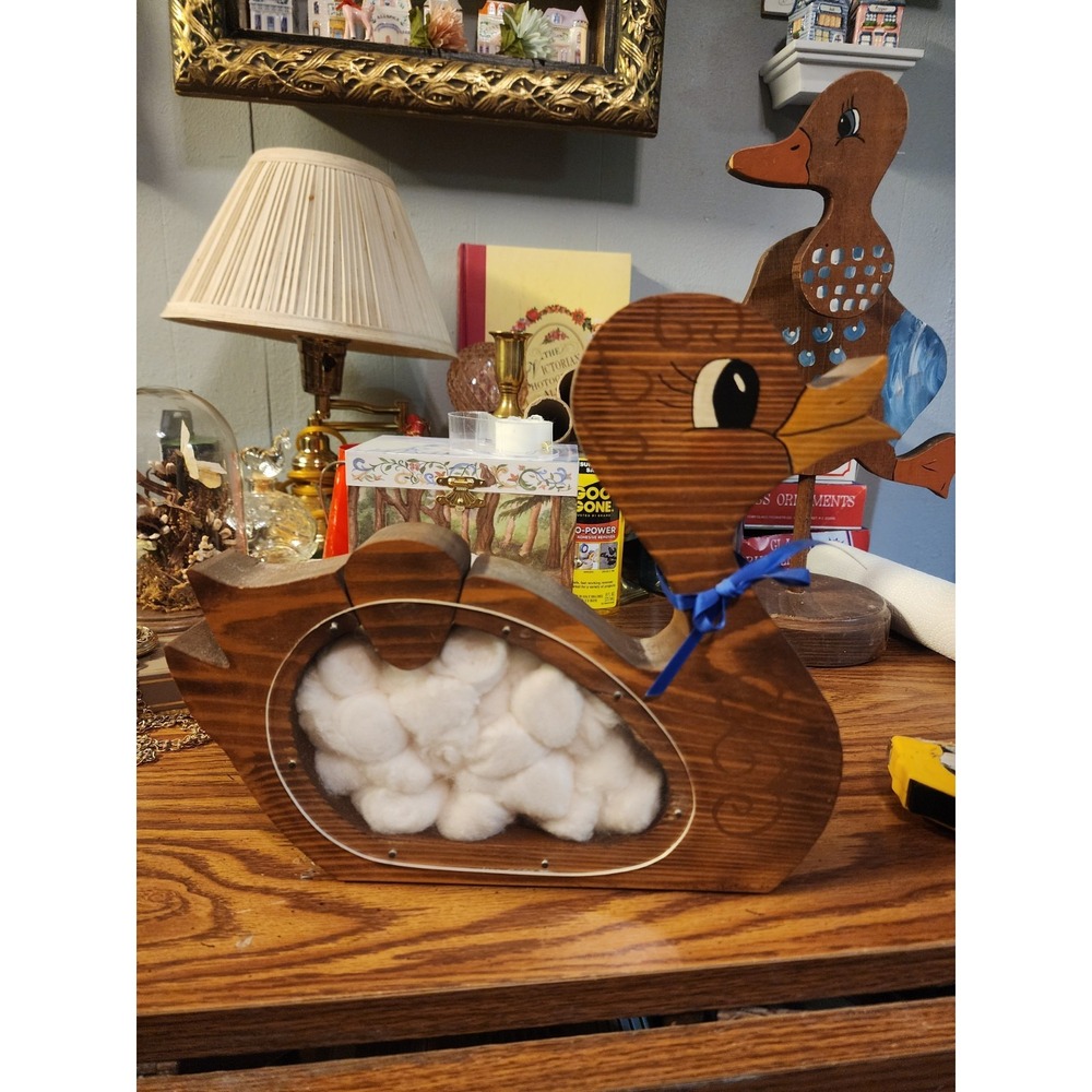 Vintage Wooden Country Duck W/‎ Ribbon Bow Cotton Ball Holder